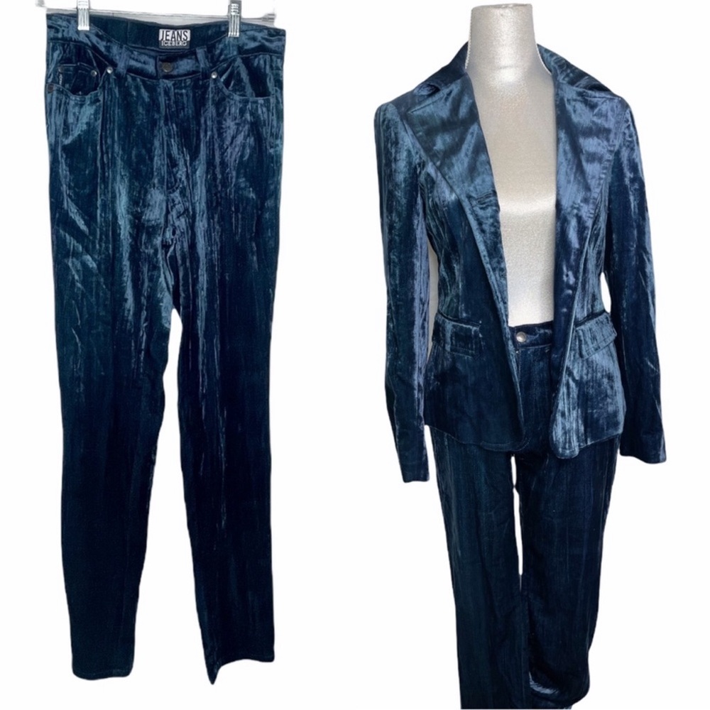 Iceberg Jeans Vintage Y2K Blue Velvet Velour Suit Blazer Pant Set 29 40 Italy